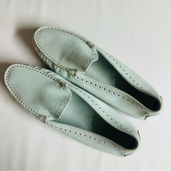 Tod's *Damaged* Gommino Leather Driving Shoes Light Mint Green Black - Picture 3 of 12